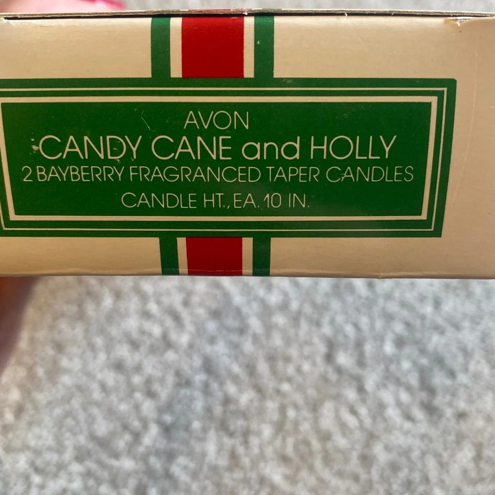 Vintage Avon‎ Candy Cane and Holly 10 Inch Bayberry Taper Candles Set 2